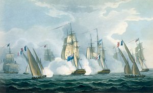 HMS Sirius, il capitano Rowse ingaggia uno squadrone francese alla foce del Tevere, 17 aprile 1806, inciso da T. Sutherland per 